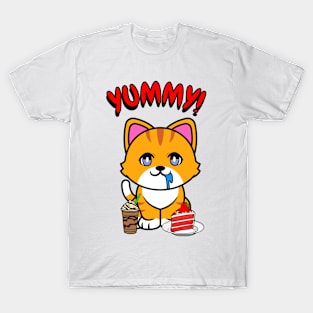 Cute orange cat is having coffee and cake T-Shirt